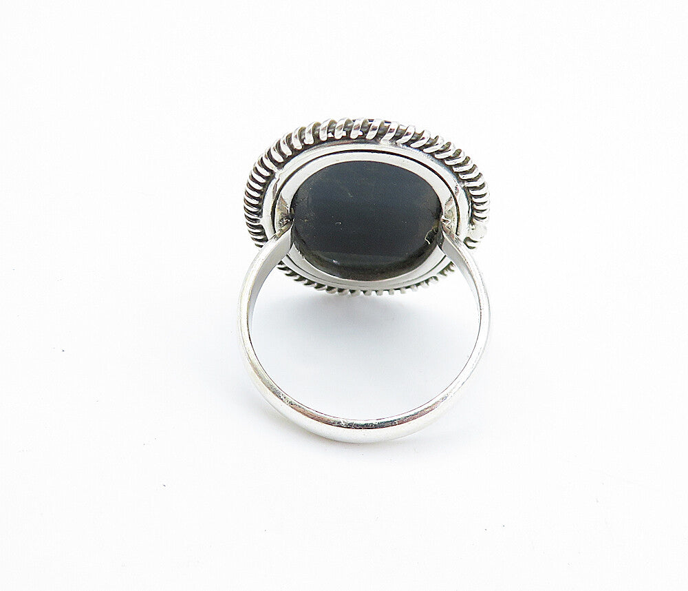 925 Sterling Silver  Black Agate Shiny Oval Twist Cocktail Ring Sz 9.5  RG7987
