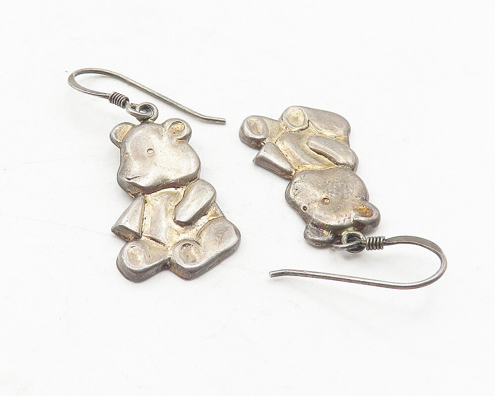 925 Sterling Silver  Vintage Dark Tone Teddy Bear Motif Drop Earrings  EG6086