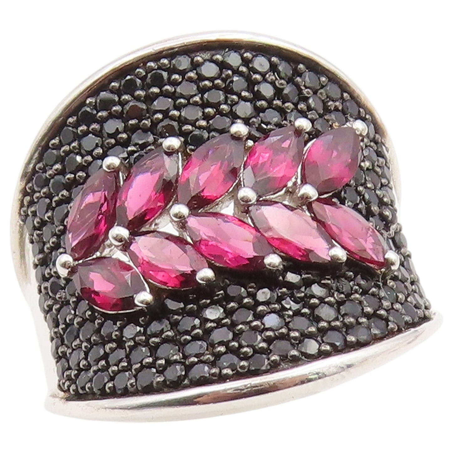 925 Sterling Silver Vintage Ring Garnet & Spinel Floral Band  Sz 11  RG36498