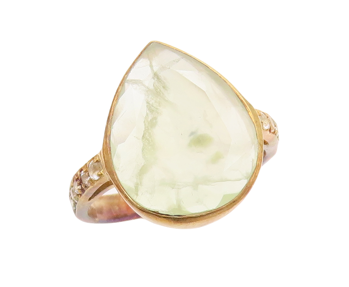 925 Sterling Silver Vintage Ring Gold Drop Cut Green Gemstone & CZ Sz 8  RG30535