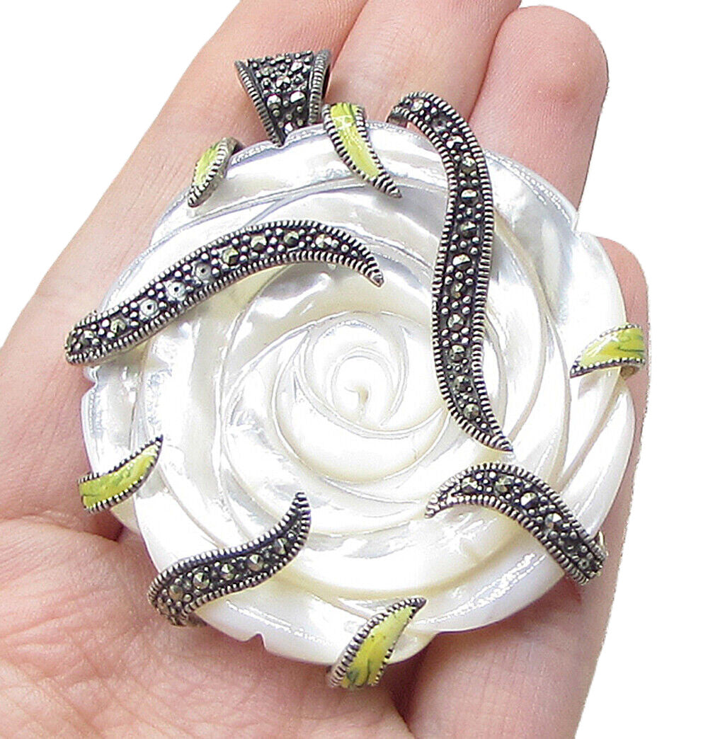 925 Silver  Mother of Pearl & Marcasite Floral Wrapped Drop Pendant  PT1384