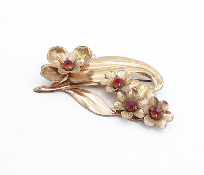 925 Sterling Silver  Vintage Red Topaz Copper Tone Floral Brooch Pin  BP2300