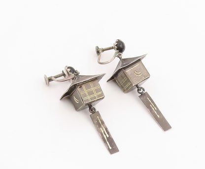 925 Sterling Silver Vintage Earrings JAPAN Onyx Temple Lantern Charm  EG14116