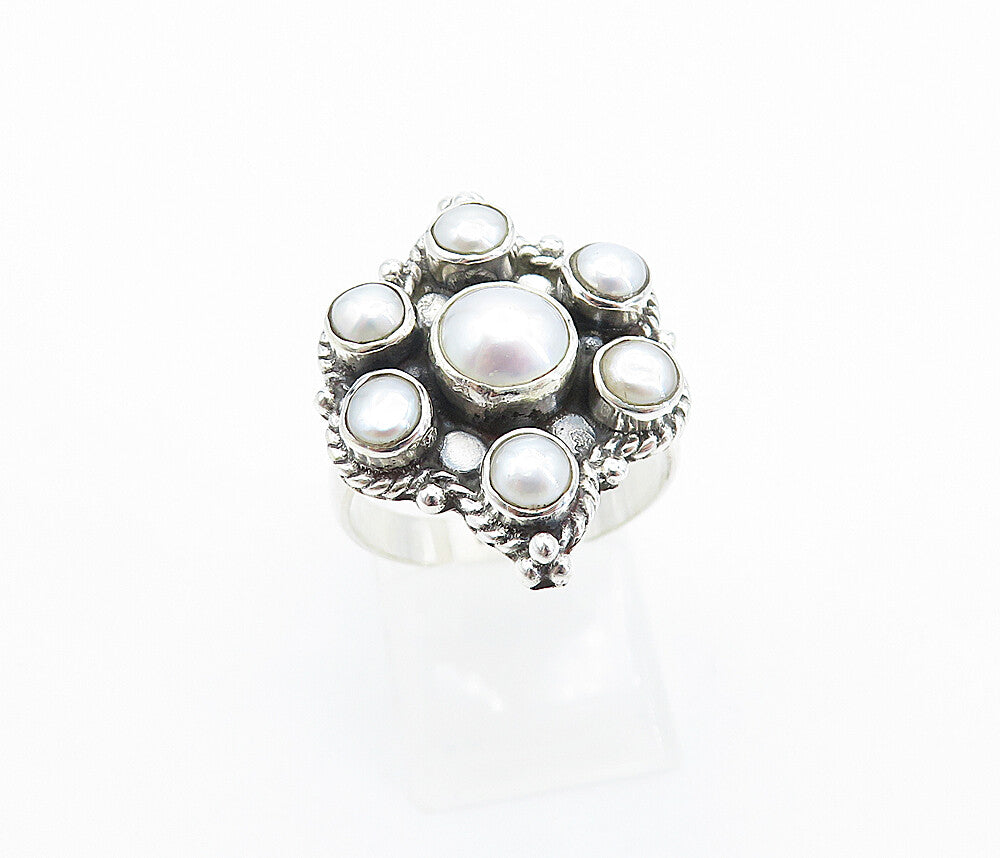 925 Sterling Silver  Freshwater Pearls Floral Cocktail Ring Sz 6.5  RG7827