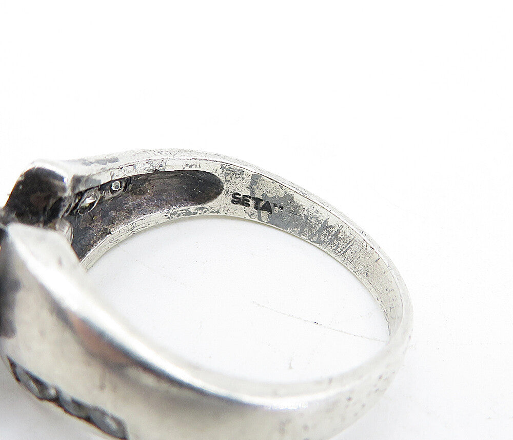 SETA 925 Silver  Vintage Cubic Zirconia Solitaire Accent Ring Sz 8.5  RG4725