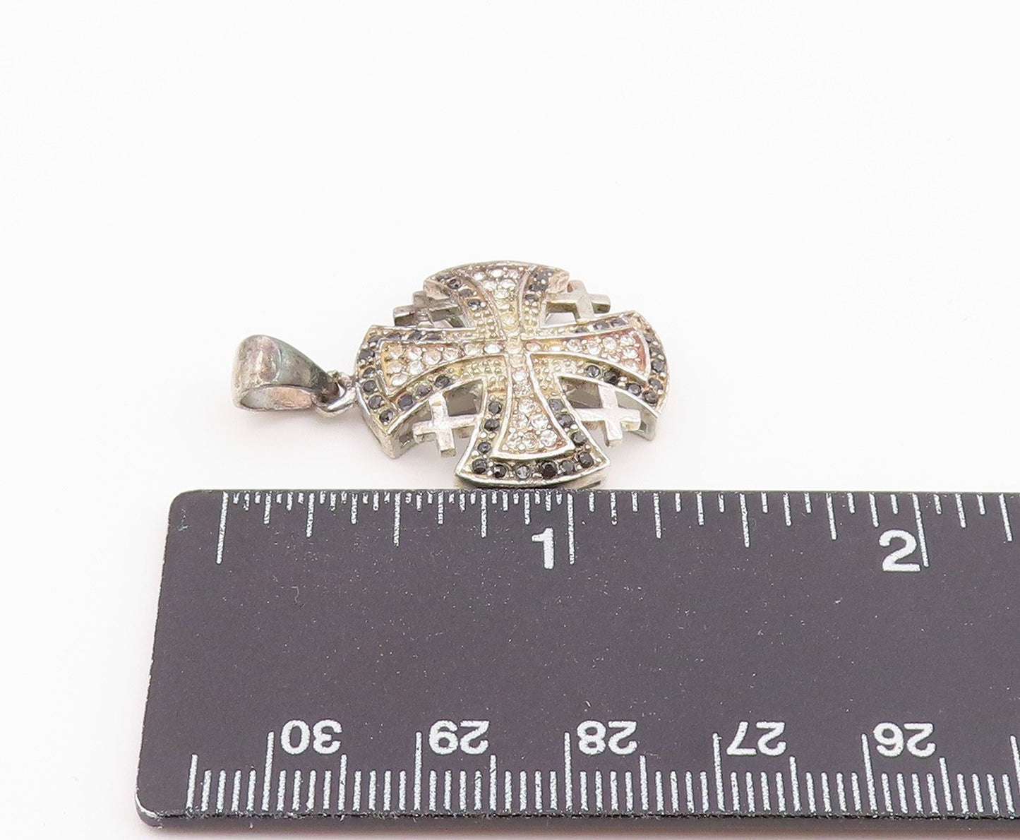 925 Sterling Silver Vintage Pendant Black & White CZ Jerusalem Cross  PT26362