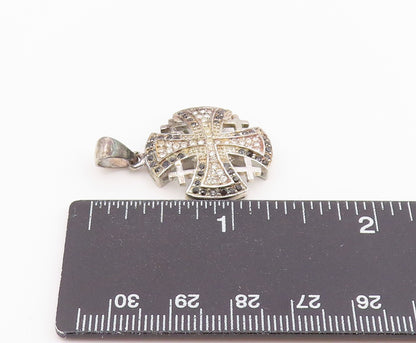 925 Sterling Silver Vintage Pendant Black & White CZ Jerusalem Cross  PT26362