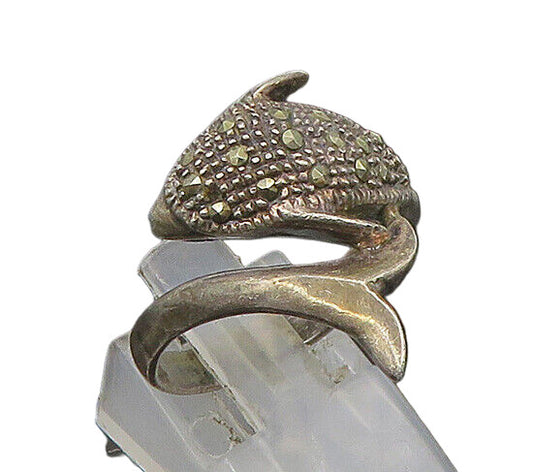 925 Silver  Vintage Marcasite Dolphin Head & Tail Bypass Ring Sz 9  RG23208