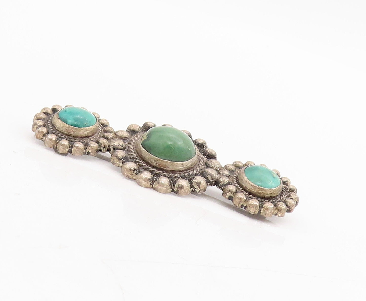925 Sterling Silver Vintage Brooch Dark Tone Green Turquoise Flowers  BP11472