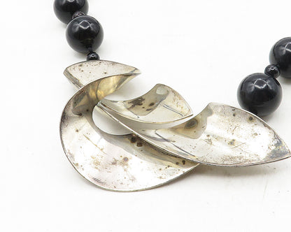 DESIGNER 925 Sterling Silver  Vintage Black Onyx Beaded Chain Necklace  NE1908