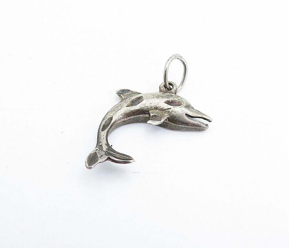 925 Sterling Silver  Vintage Dark Tone Leaping Dolphin Motif Pendant  PT3765