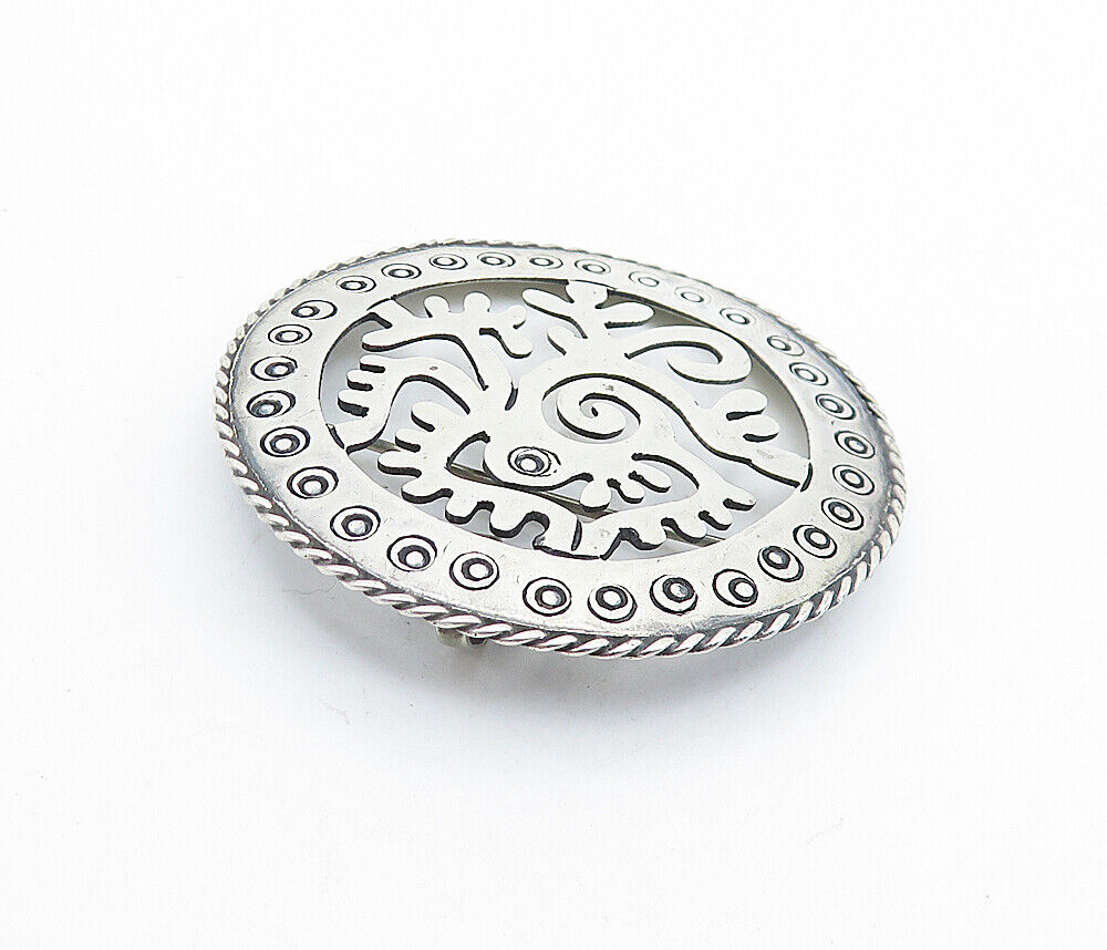 MEXICO 925 Sterling Silver  Vintage Traditional Design Round Brooch Pin BP2744