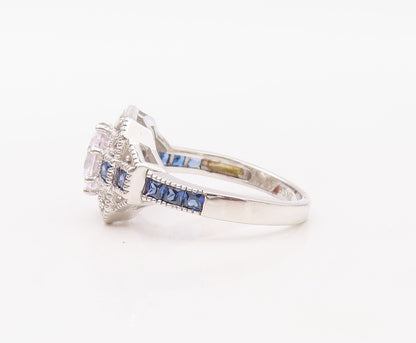 925 Sterling Silver Vintage Ring Designer CZ & Square Sapphire   Sz 7  RG30780