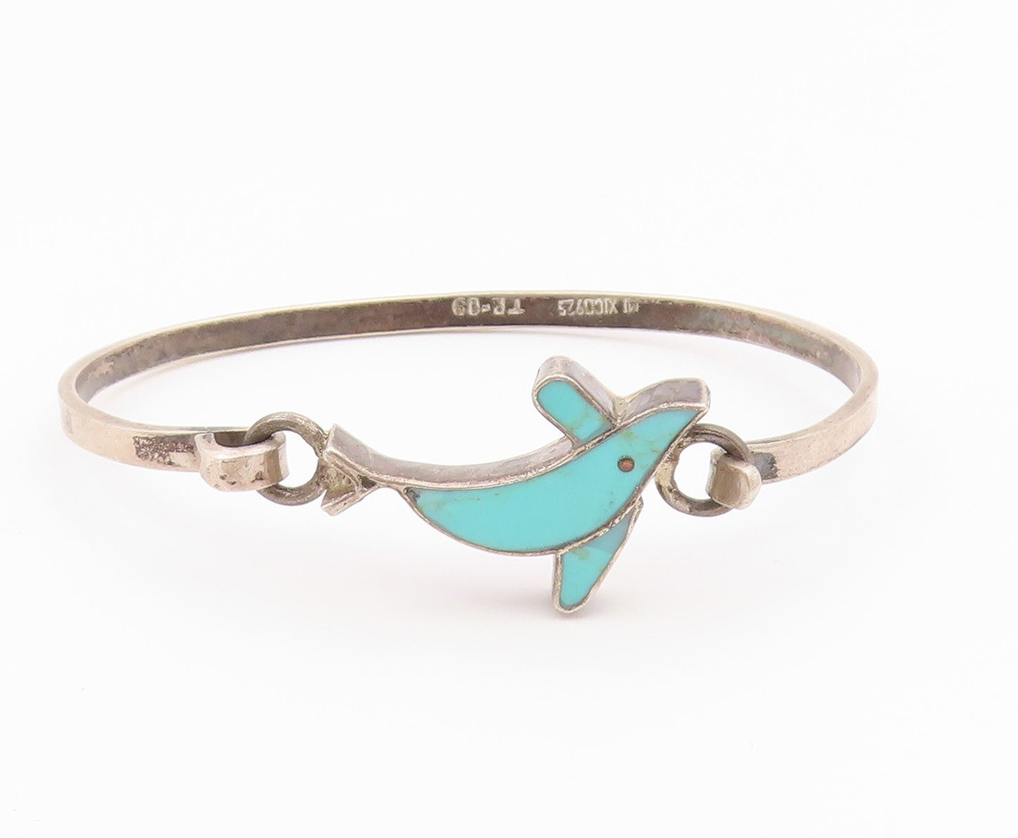 MEXICO 925 Silver  Vintage Turquoise Dolphin Hook Bangle Bracelet  BT9210