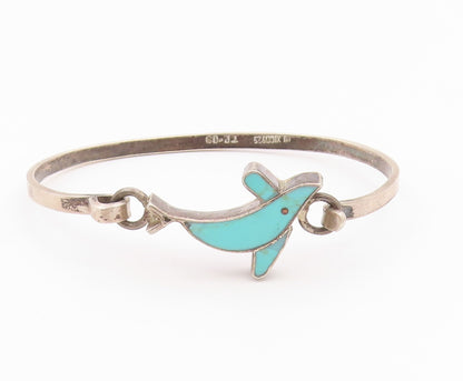 MEXICO 925 Silver  Vintage Turquoise Dolphin Hook Bangle Bracelet  BT9210