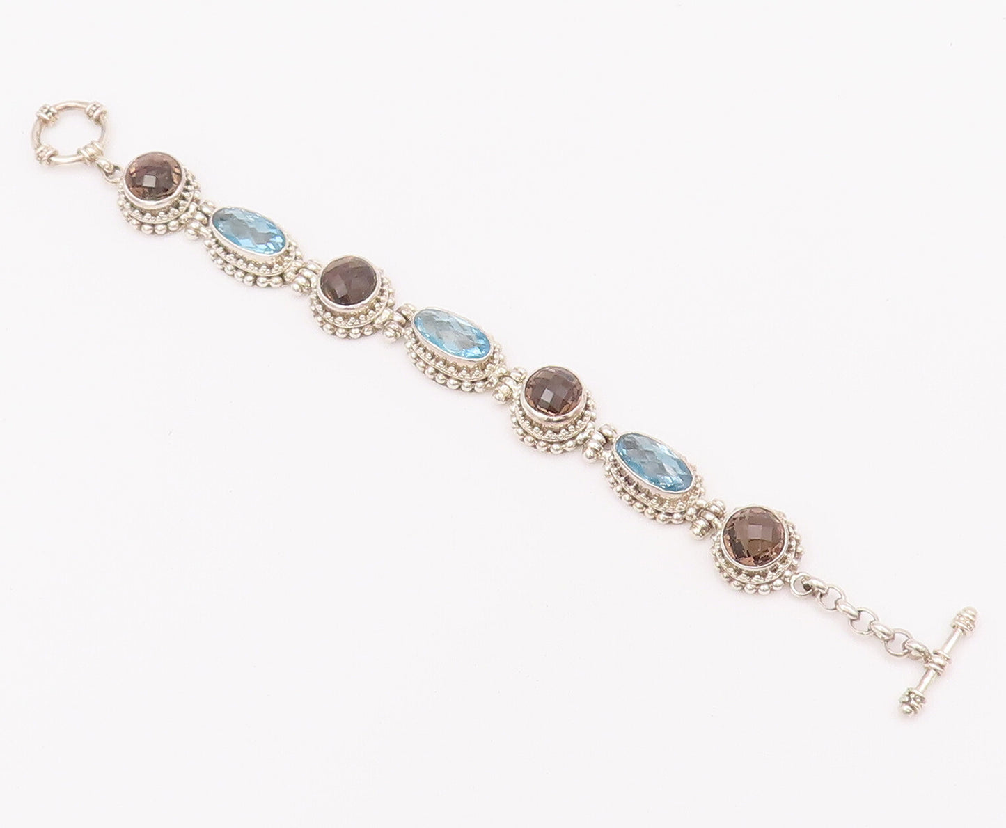 925 Sterling Silver Vintage Bracelet BALI Carved Beaded Two Tone Topaz  BT10397