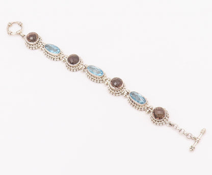 925 Sterling Silver Vintage Bracelet BALI Carved Beaded Two Tone Topaz  BT10397