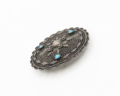 ISRAEL 925 Silver  Vintage Antique Turquoise Floral Pattern Brooch Pin  BP7687