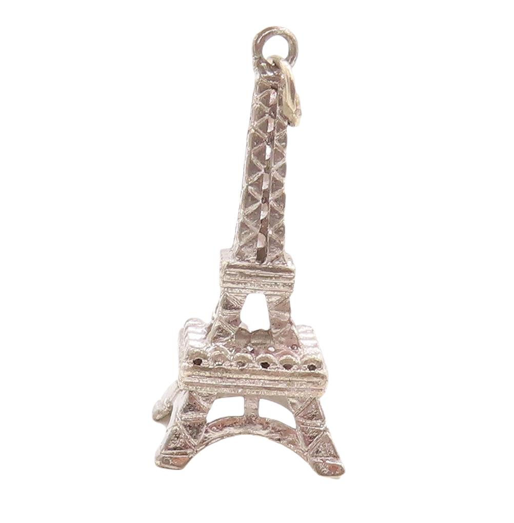 925 Sterling Silver Vintage Pendant Solid Cutout CZ Inlay Eiffel Tower  PT23705