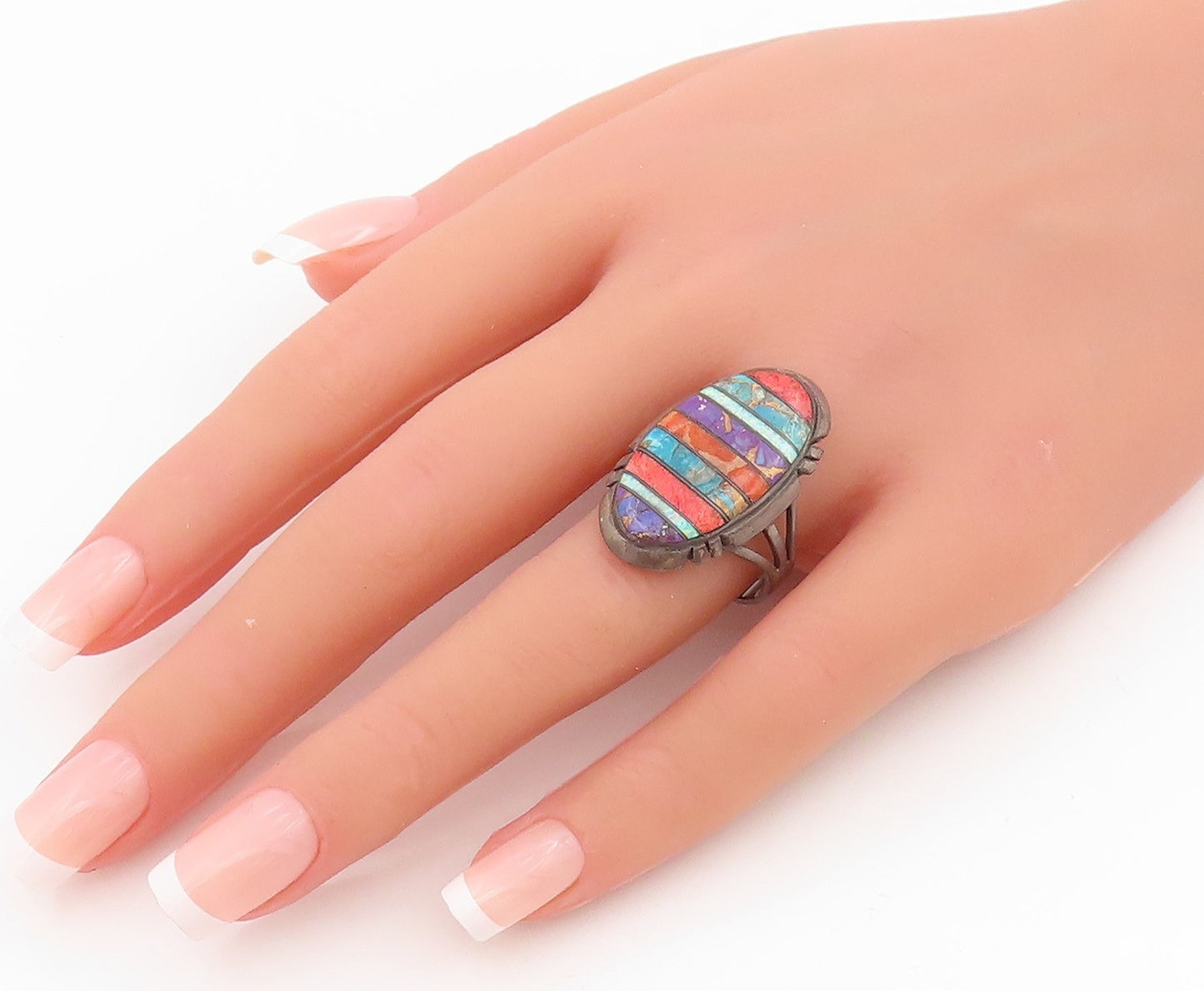 925 Sterling Silver Vintage Ring NAVAJO Multi Gemstone Inlay  Sz 10.5  RG34315