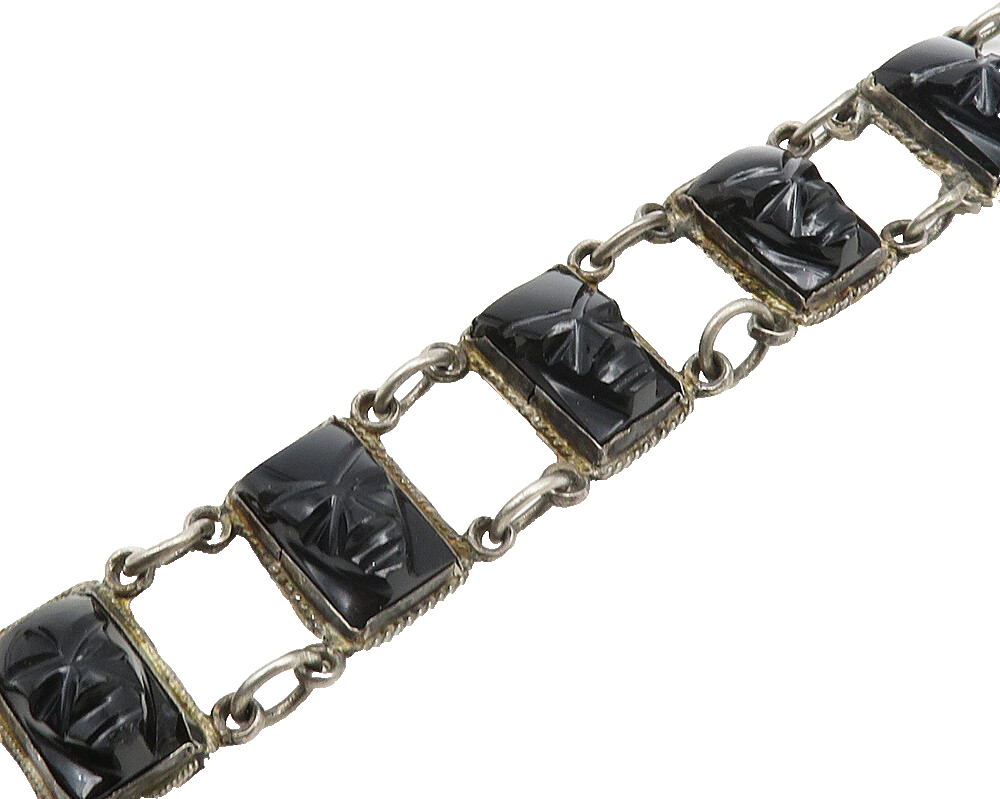 MEXICO 925 Sterling Silver Vintage Face Carved Black Onyx Chain Bracelet  BT7704
