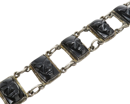 MEXICO 925 Sterling Silver Vintage Face Carved Black Onyx Chain Bracelet  BT7704