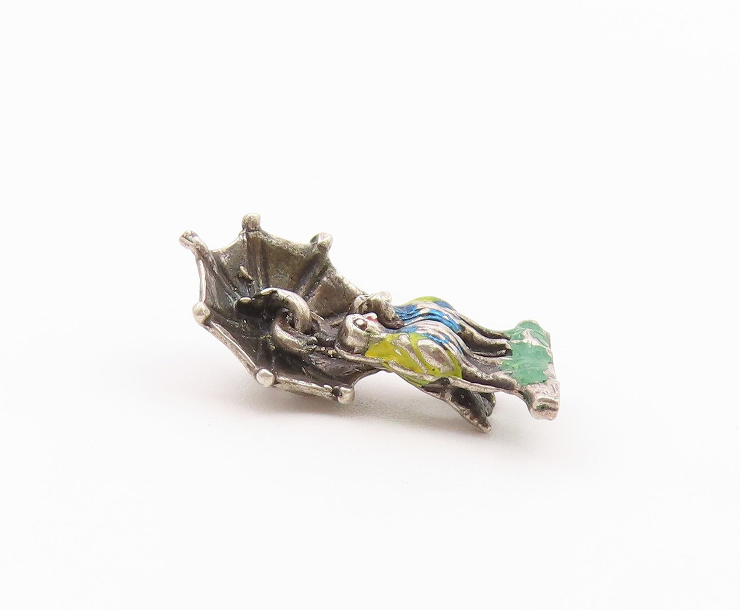 925 Sterling Silver  Vintage Enamel Love Birds Under Umbrella Pendant  PT20726