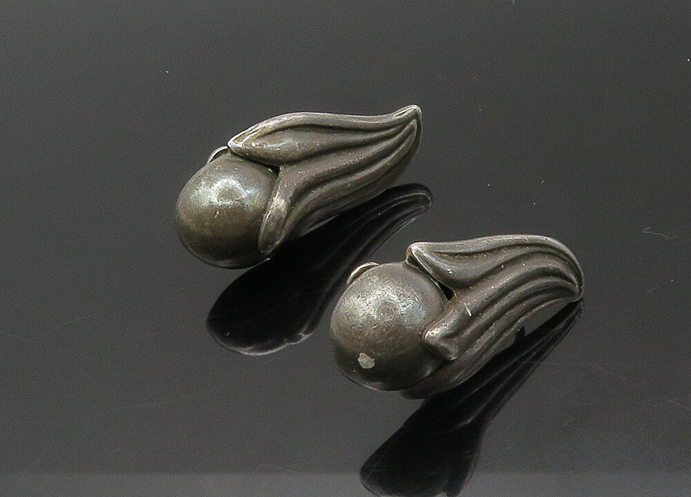 MEXICO 925 Silver  Vintage Oxidized Floral Non Pierce Dangle Earrings  EG10863