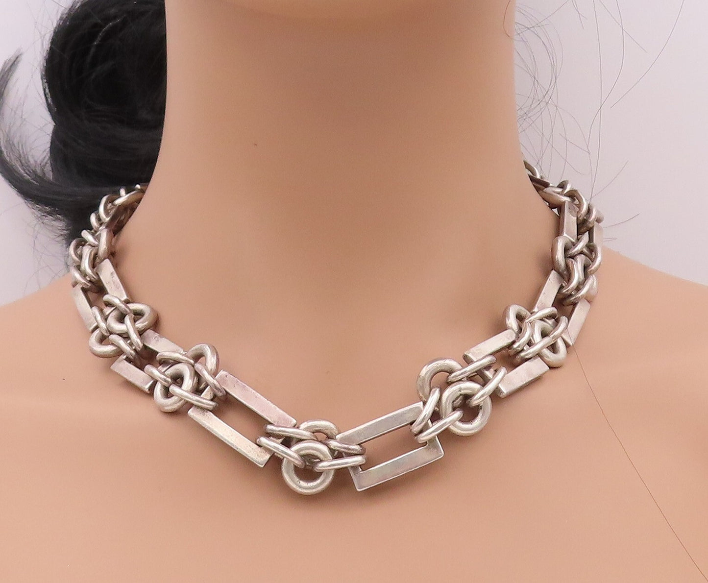 925 Sterling Silver Vintage Necklace VERSANI Heavy Rectangle Ring Cluster NE4317