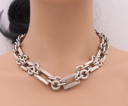 925 Sterling Silver Vintage Necklace VERSANI Heavy Rectangle Ring Cluster NE4317