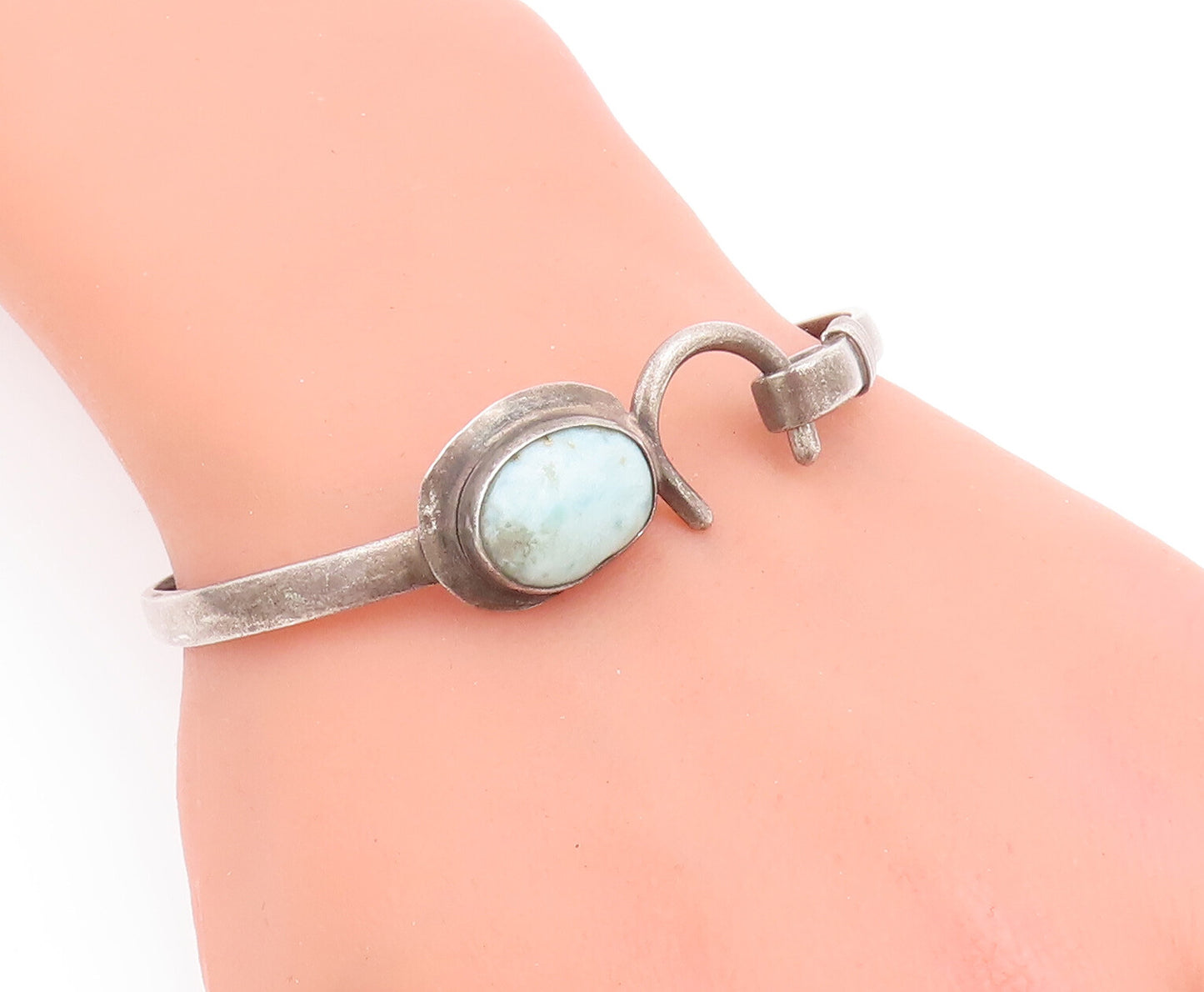 925 Sterling Silver Vintage Bracelet Solid Oval Larimar U Hook Bangle  BT10495