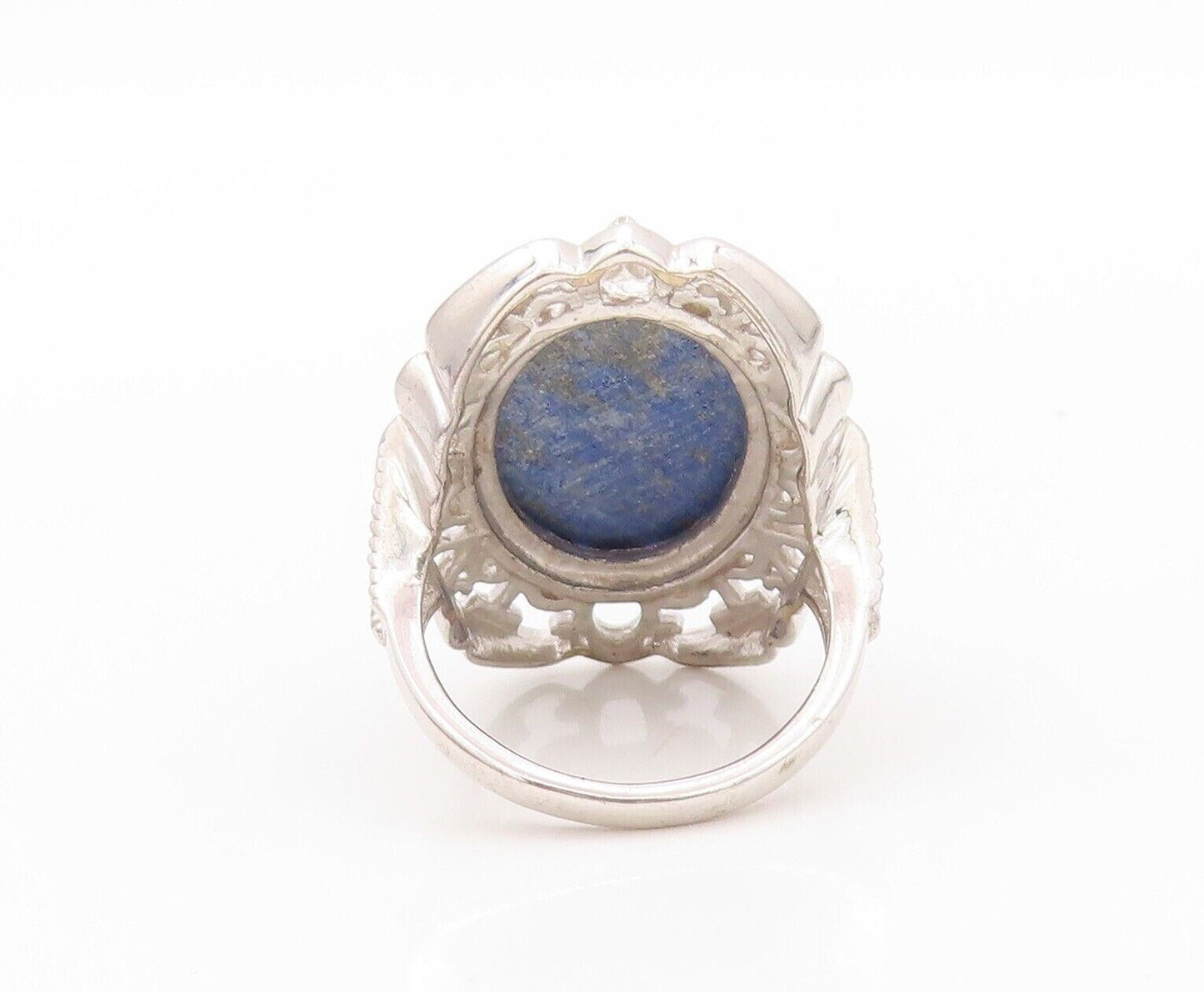 925 Sterling Silver Vintage Ring Oval Lapis Lazuli Floral Carved  Sz 7  RG30177