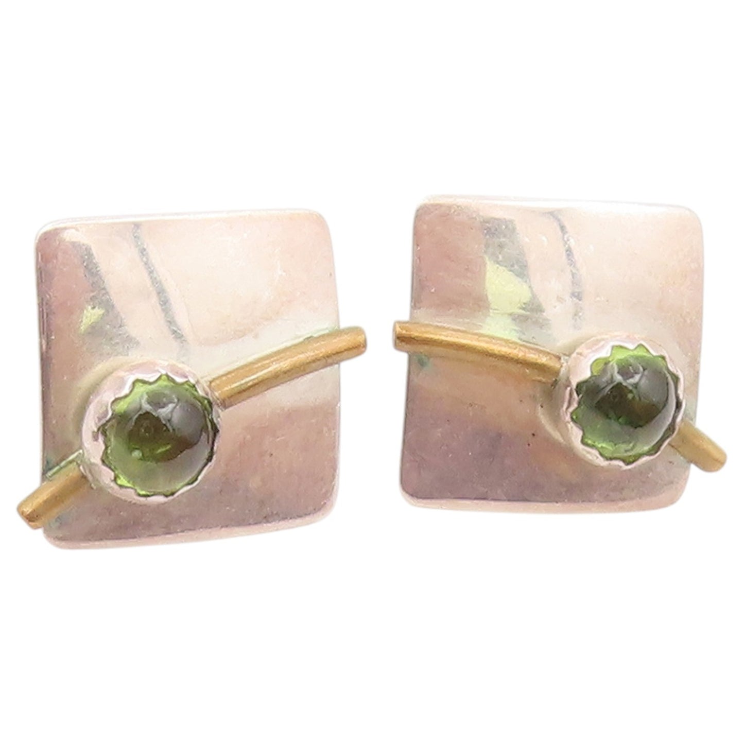 925 Sterling Silver Vintage Earrings Two Tone Peridot Geometric Studs  EG14503