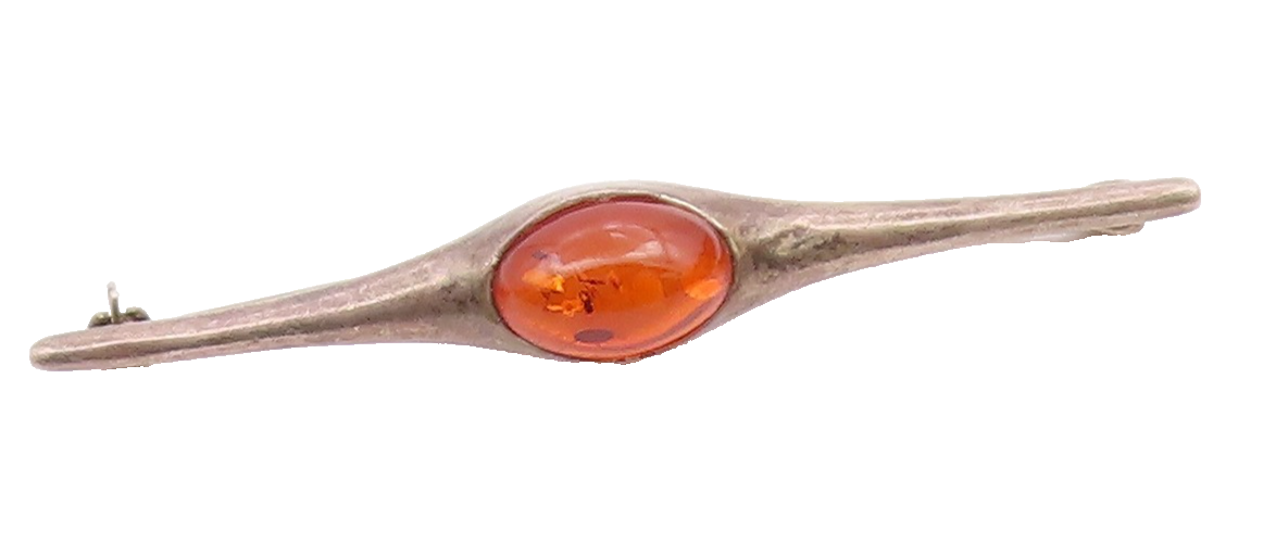 925 Sterling Silver  Vintage Pointed Ends Cabochon Amber Brooch Pin  BP9589