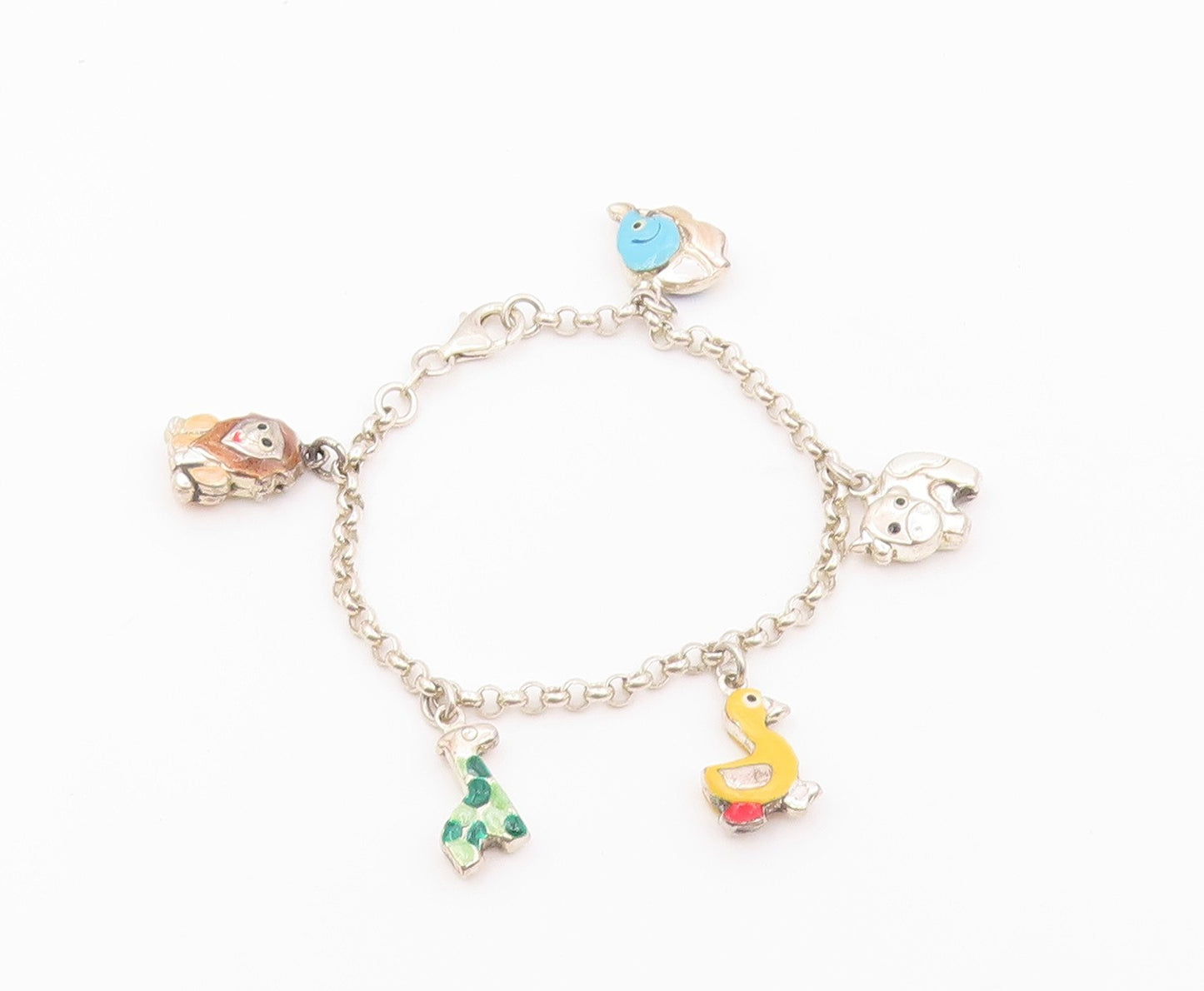 925 Silver  Vintage Lion Giraffe Duck Cow & Elephant Charm Bracelet  BT9333