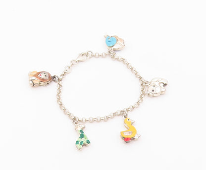 925 Silver  Vintage Lion Giraffe Duck Cow & Elephant Charm Bracelet  BT9333