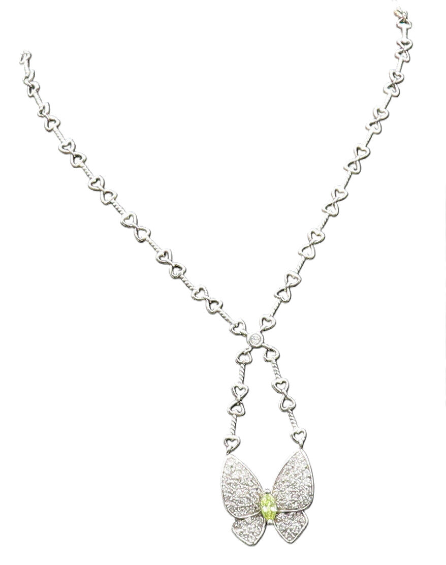 925 Silver  Vintage Peridot & Cubic Zirconia Butterfly & Heart Necklace NE3904