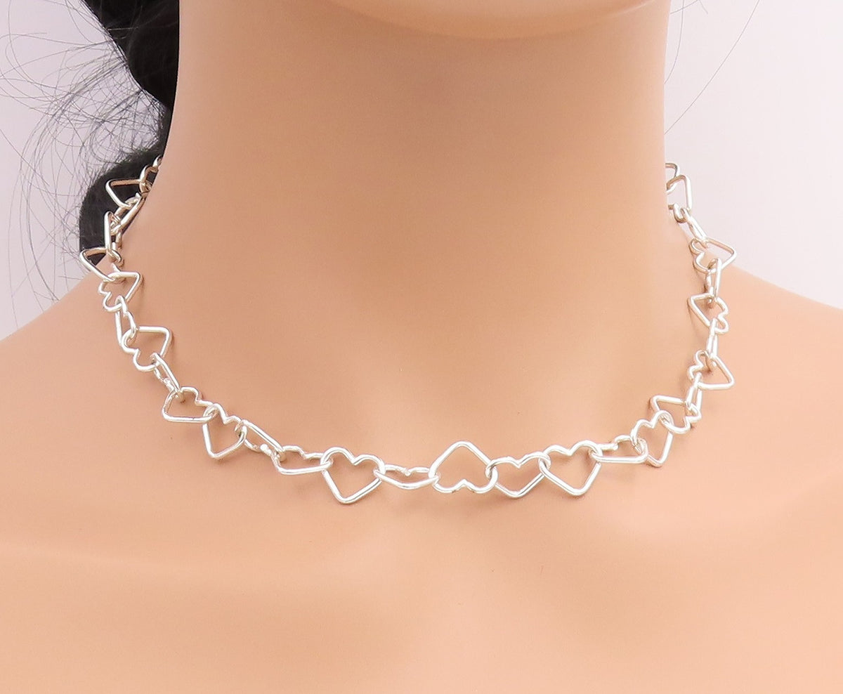 925 Sterling Silver Vintage Necklace Interlocking Open Love Heart Chain  NE4939