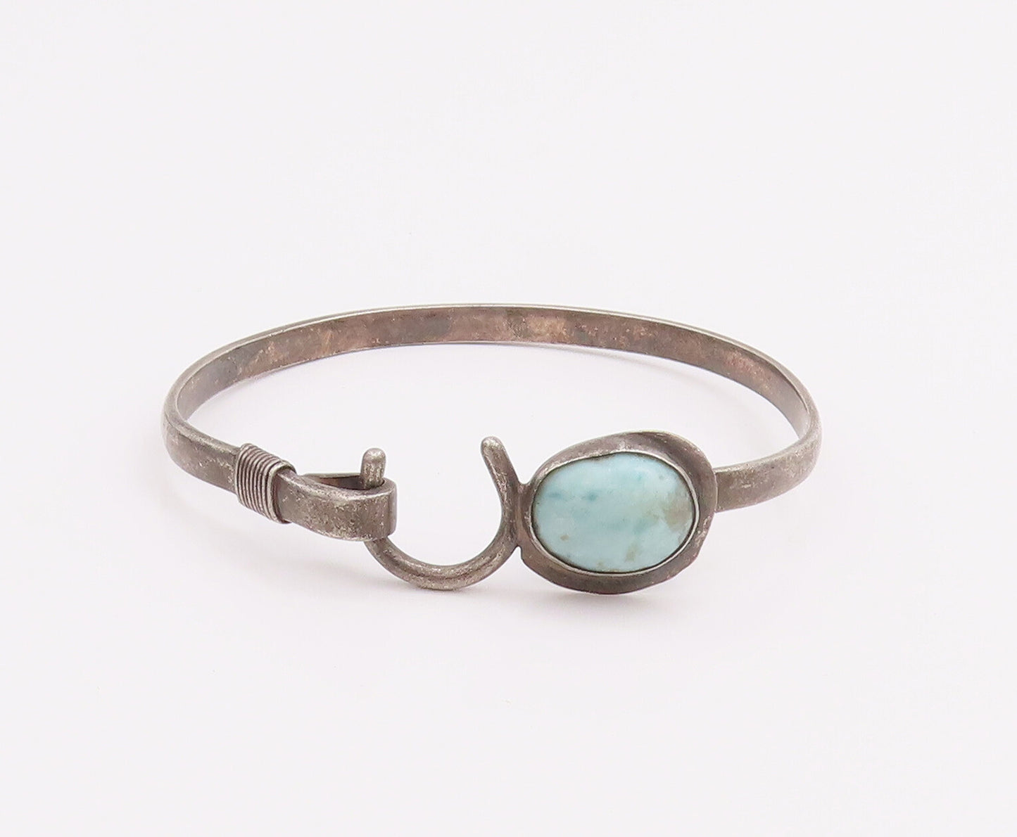 925 Sterling Silver Vintage Bracelet Solid Oval Larimar U Hook Bangle  BT10495
