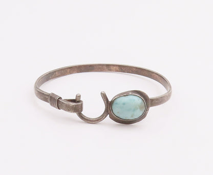 925 Sterling Silver Vintage Bracelet Solid Oval Larimar U Hook Bangle  BT10495