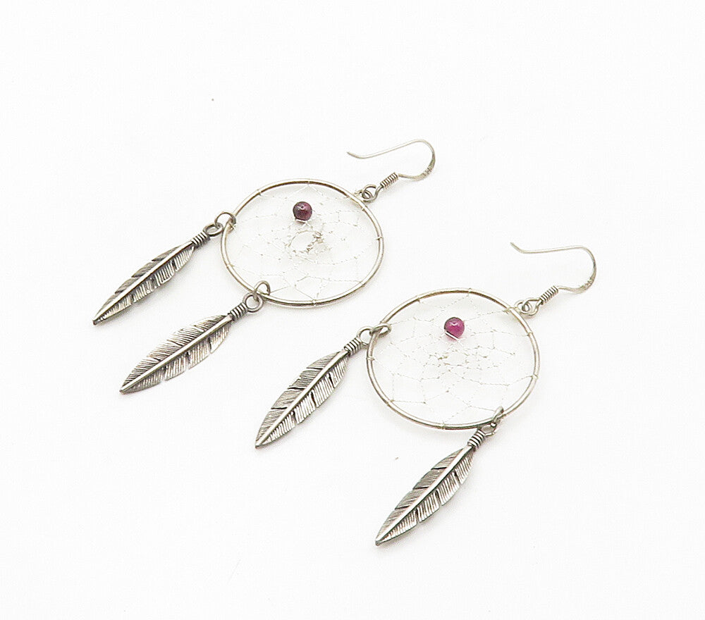 925 Silver Vintage Garnet Dream Catcher Dangle Earrings EG7987