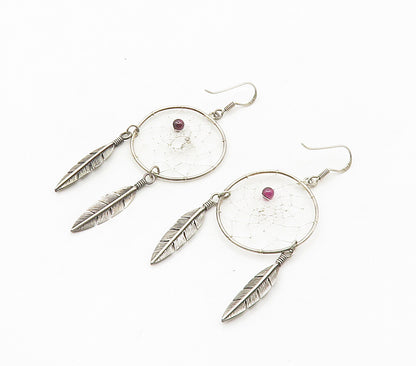 925 Silver Vintage Garnet Dream Catcher Dangle Earrings EG7987