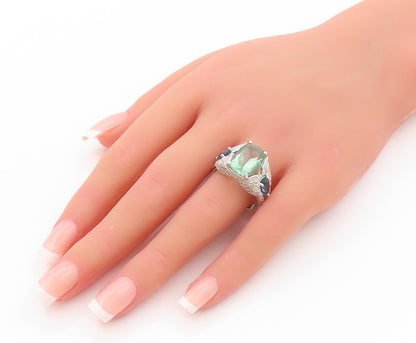 925 Sterling Silver Vintage Ring Large Green Topaz & Blue Sapphire RG31934