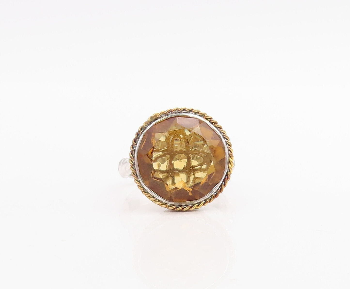 925 Sterling Silver Vintage Ring Designer Cutout Round Citrine  Sz 7  RG30560