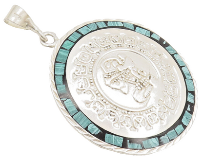 MEXICO 925 Sterling Silver  Vintage Carved Inlay Malachite Pendant  PT22368