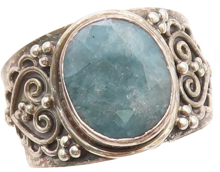 925 Sterling Silver Vintage Ring Carved Heart Design Gemstone  Sz 9.5  RG30764
