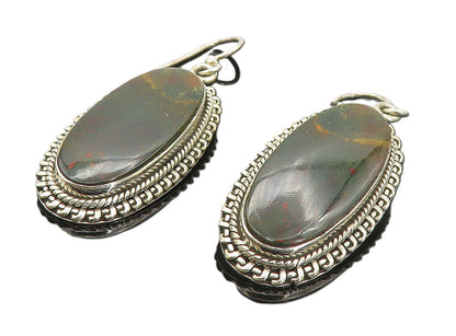 925 Sterling Silver Vintage Bloodstone Jasper Twist Dangle Earrings EG3750