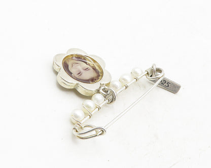 PLANETJILL 925 Silver Vintage Petite Pearls Flower Photo Charm Brooch Pin BP3877