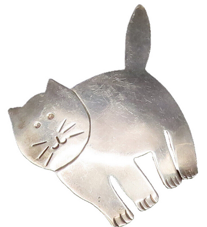 MEXICO 925 Sterling Silver Vintage Minimalist Etched Cat Brooch Pin BP10038