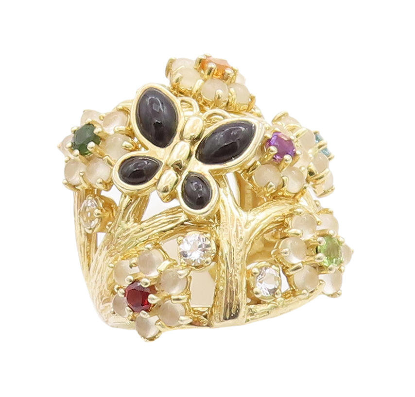 925 Sterling Silver Vintage Ring Gold Plated Floral Inlay Gemstone Sz 7  RG29078